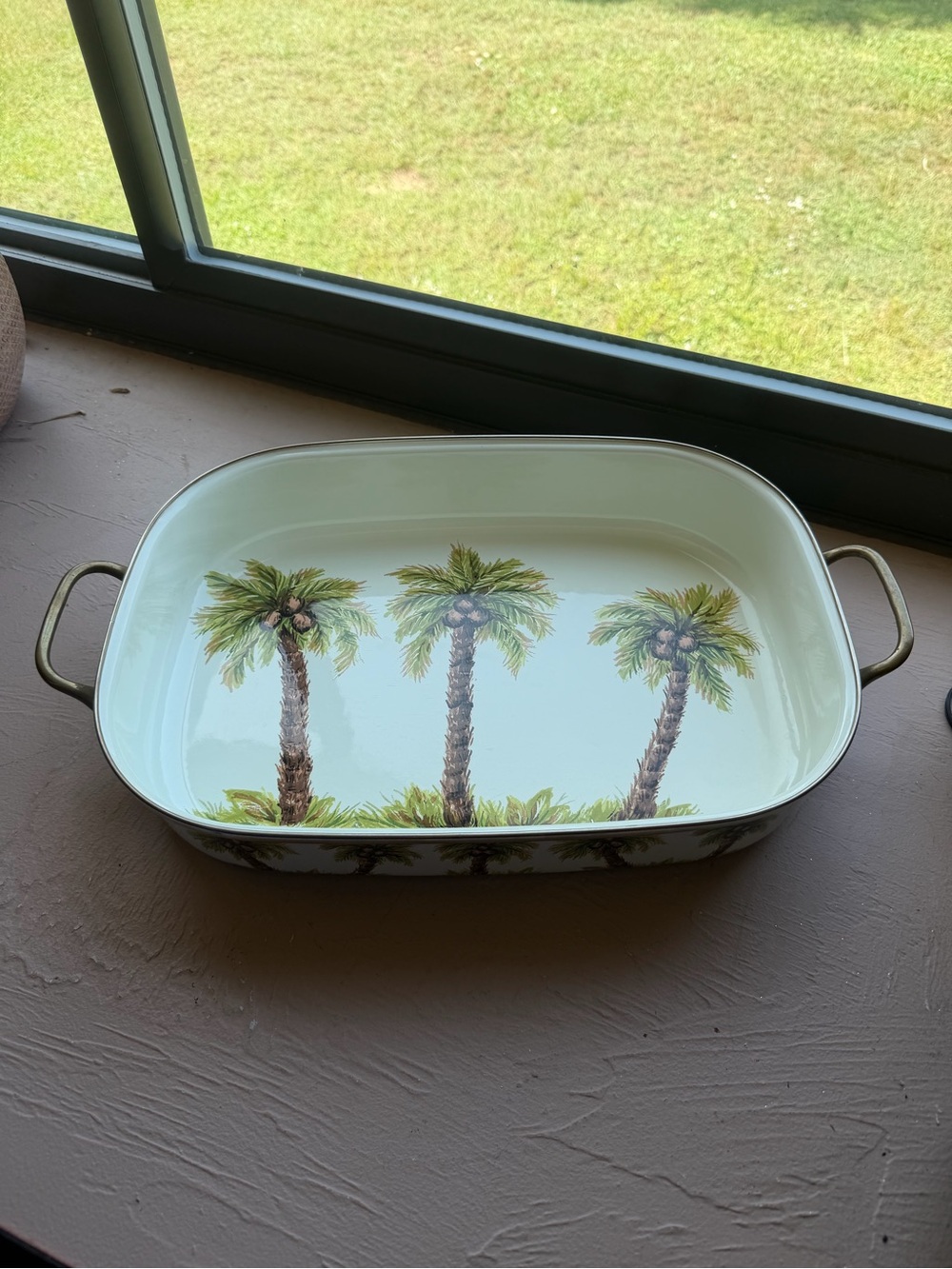 Vintage Tabletops Unlimited Palm Grove Porcelain Enamel Palm Trees Roasting Pan